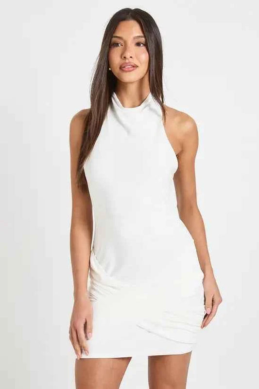 boohoo Slinky Halterneck Drape Skirt Mini Dress