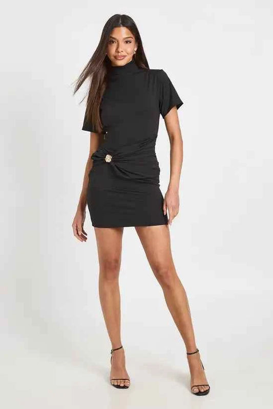 boohoo Slinky Cap Sleeve Gold Trim Wrap Waist Mini Dress