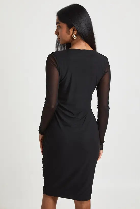 boohoo Square Neck Ruched Mesh Midi Bodycon Dress