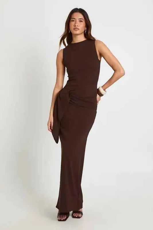 Boohoo Textured Tie Waist Maxi Dress