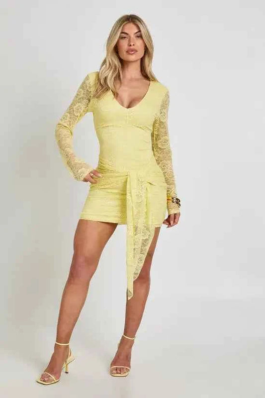 Boohoo Lace Plunge Front Tie Waist Bodycon Dress