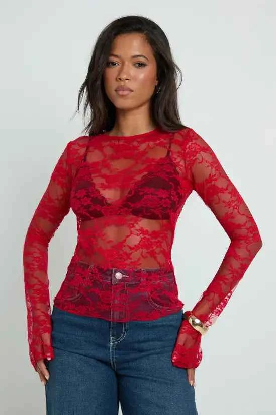boohoo Lace Boat Neck Flare Sleeve Top