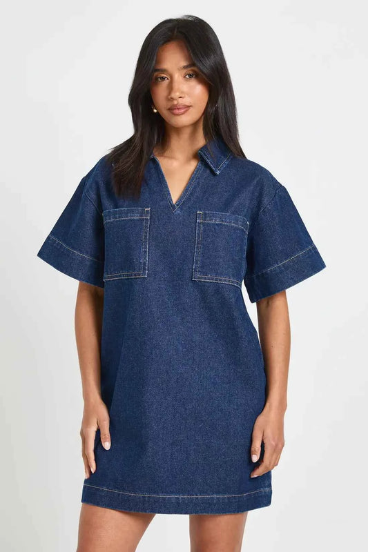boohoo Petite Boxy Short Sleeve Denim Dress