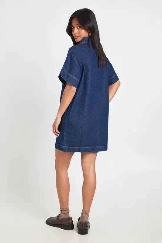 boohoo Petite Boxy Short Sleeve Denim Dress