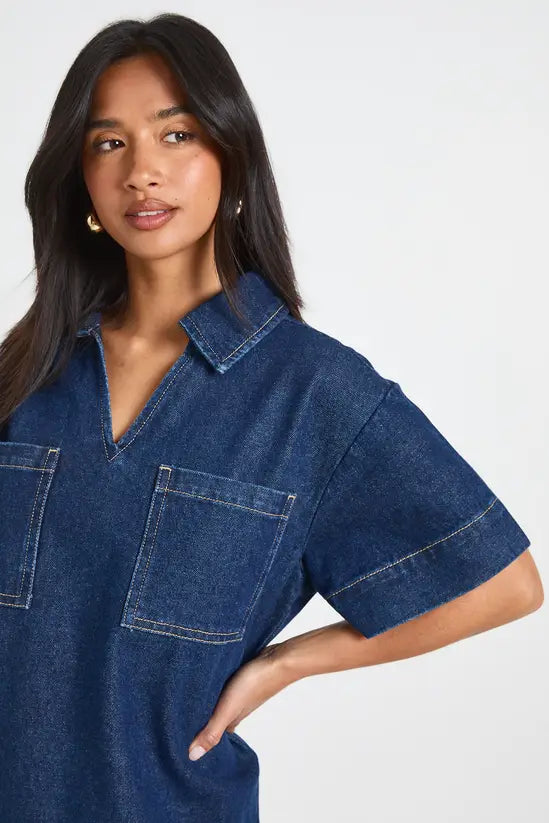 boohoo Petite Boxy Short Sleeve Denim Dress