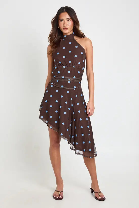 boohoo Polka Dot Printed Mesh Halterneck Cinced Waist Asym Hem Dress