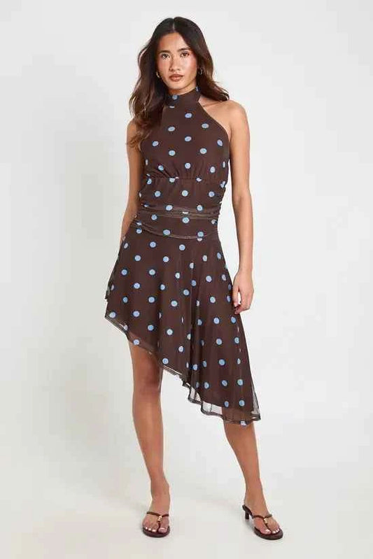 boohoo Polka Dot Printed Mesh Halterneck Cinced Waist Asym Hem Dress