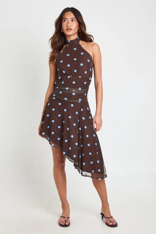 boohoo Polka Dot Printed Mesh Halterneck Cinced Waist Asym Hem Dress