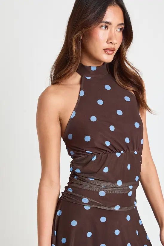boohoo Polka Dot Printed Mesh Halterneck Cinced Waist Asym Hem Dress
