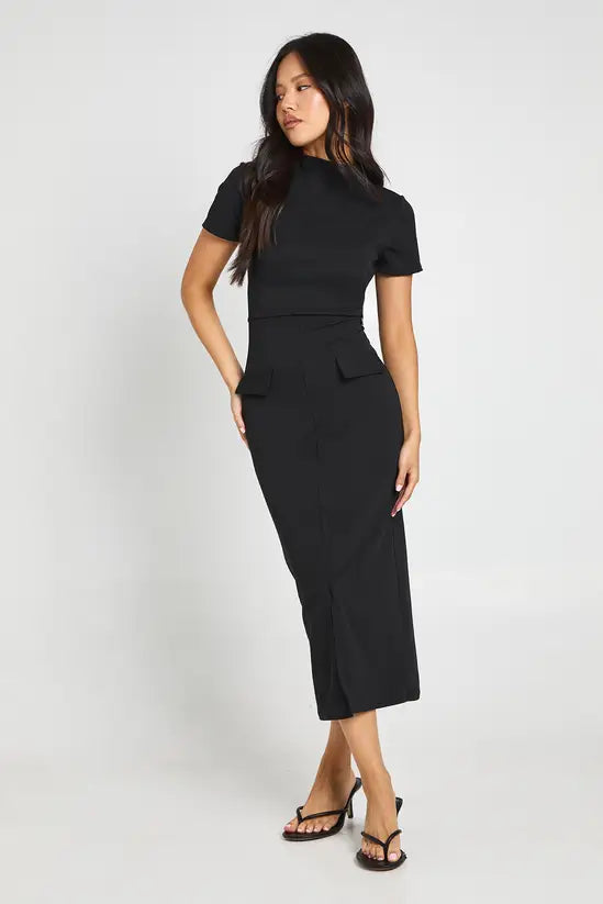 boohoo Petite Crepe High Neck Pocket Detail Midi Dress