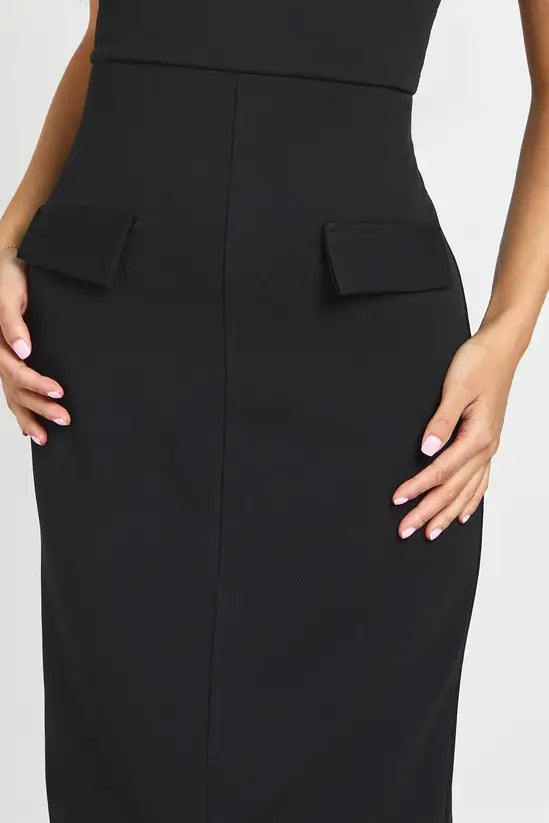 boohoo Petite Crepe High Neck Pocket Detail Midi Dress