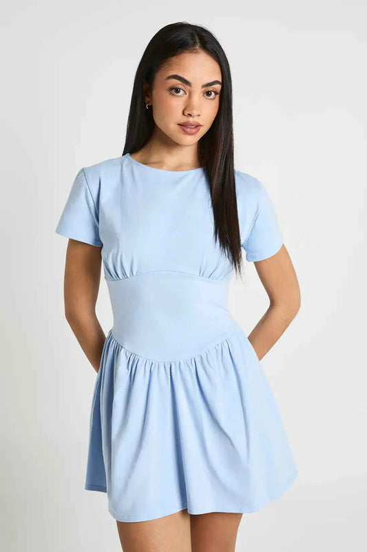boohoo Cotton Cinched Waist Cap Sleeve Skater Dress