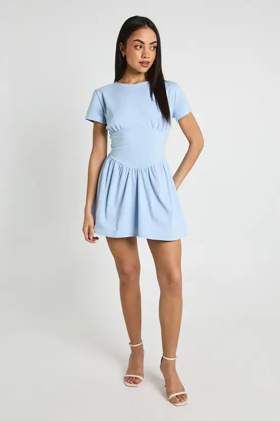 boohoo Cotton Cinched Waist Cap Sleeve Skater Dress