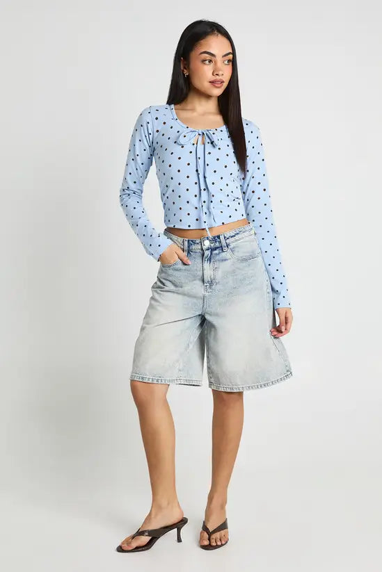 boohoo Polka Dot Tie Scoop Neck Long Sleeve Top
