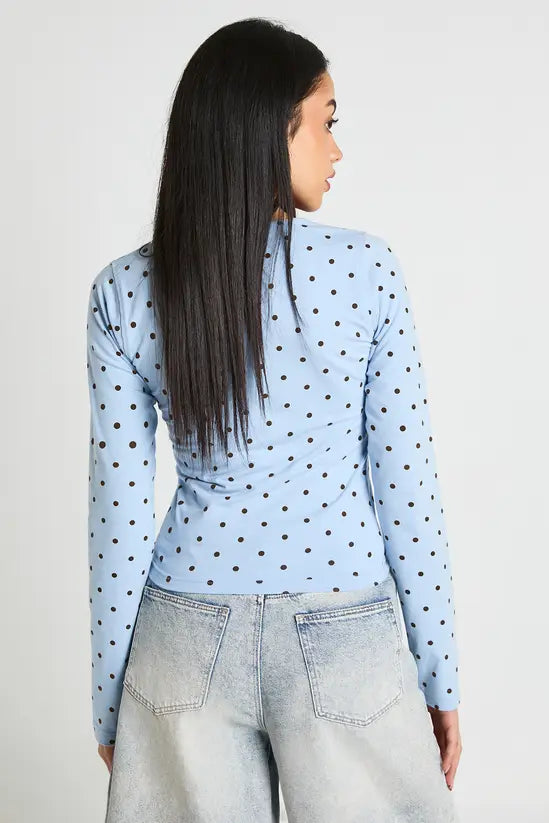 boohoo Polka Dot Tie Scoop Neck Long Sleeve Top