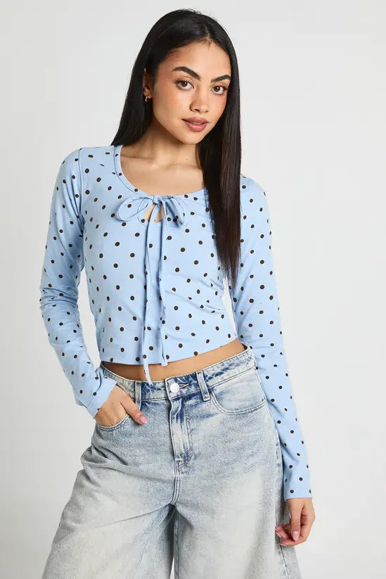boohoo Polka Dot Tie Scoop Neck Long Sleeve Top