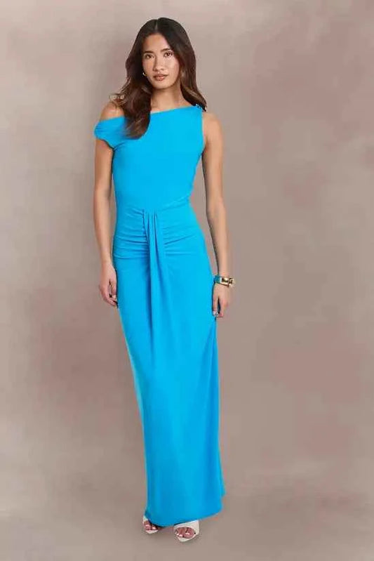 boohoo Double Layer Asym Neck Slinky Drape Front Maxi Dress
