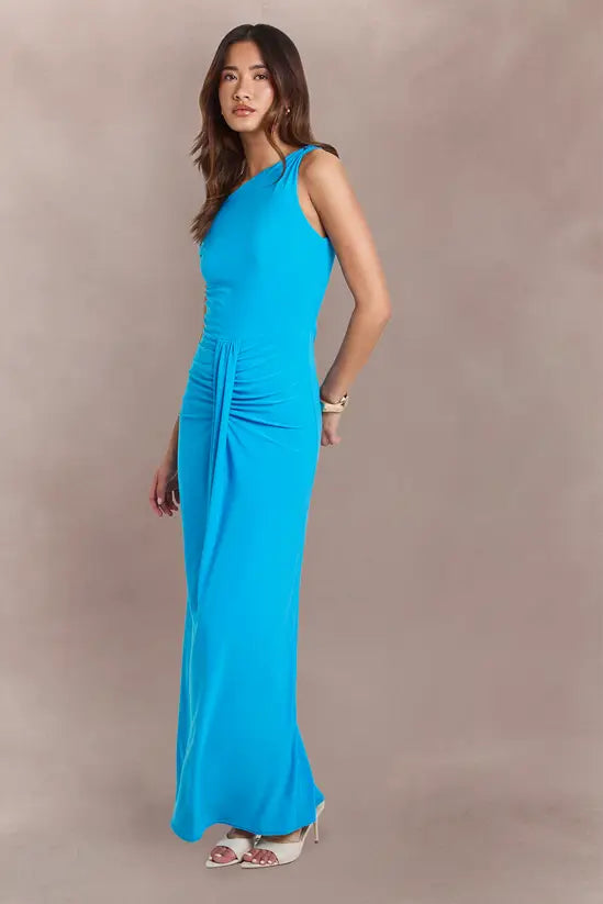 boohoo Double Layer Asym Neck Slinky Drape Front Maxi Dress