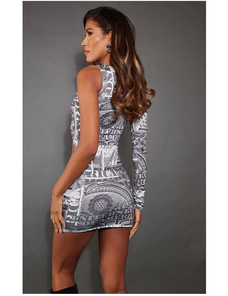 Black Money Print Asymmetric Cut Out Bodycon Dress