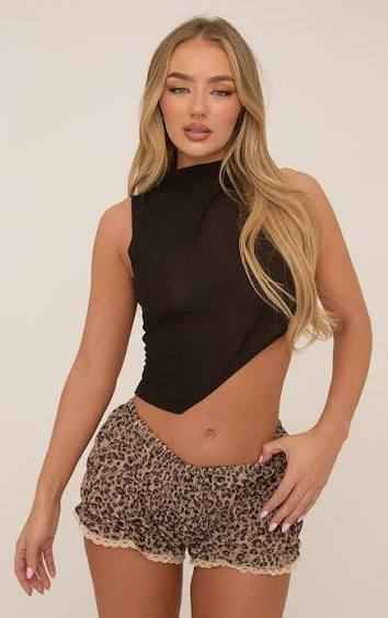 Ego - High Neck Sleeveless Asymmetric Crop Top In Black Mesh
