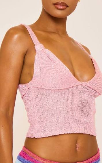 Ego - Plunge Neck Knotted Detail Fitted Cami Top In Pink Sequin Knit