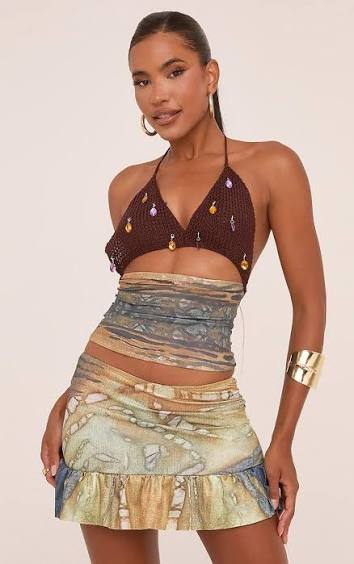 Ego - Halterneck Jewelled Detail Cut Out Mini Dress In Multi Abstract Print SET