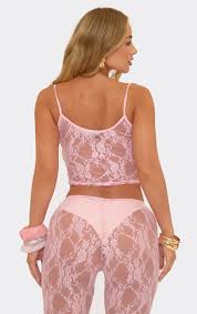 Ego - Low Rise Flared Detail Trousers and Top In Pink Lace SET