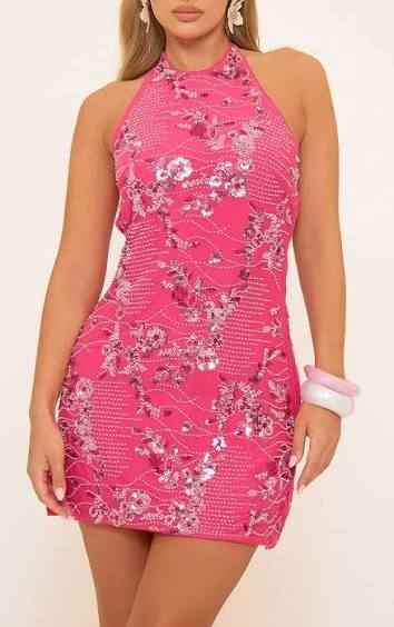 Ego - Halterneck Embellished Open Back Detail Mini Dress In Pink