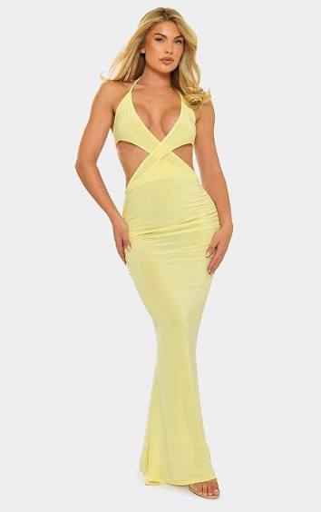 Sleeveless Plunge Front Cut Out Maxi Dress In Yellow Slinky