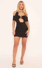 Ego - Off The Shoulder Halterneck Trim Detail Mini Dress In Black