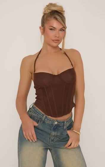 Ego - Halterneck Dipped Hem Corset Top In Chocolate Brown Mesh