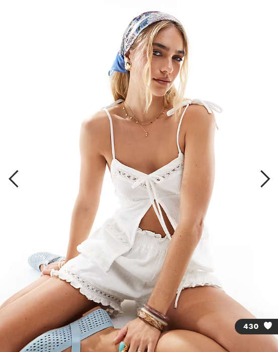 Esmee Exclusive tie strap beach crop top with tie front and lace cut out detail in white