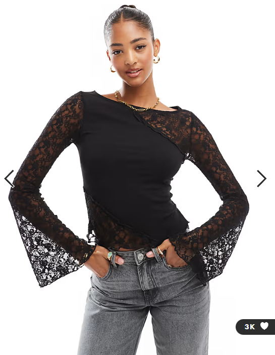 ASOS DESIGN angel sleeve seam detail lace top in black