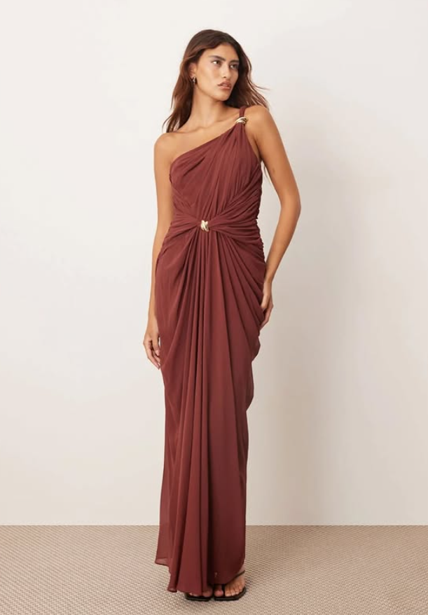 ARRANGE one shoulder draped twist detail maxi dress with metal trim detail in chocolate