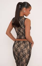 Ego - High Neck Cut Out Sleeveless Crop Top In Black Lace