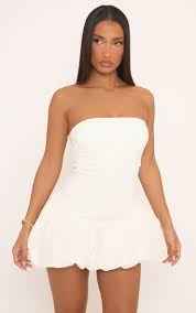 Ego - Bandeau Underbust Seam Detail Puffball Mini Dress In White
