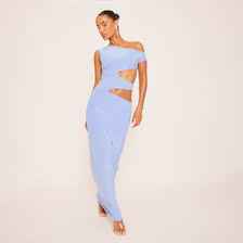 Ego - Asymmetric One Shoulder Cut Out Maxi Dress In Blue Slinky