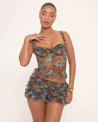 Ego frill detail corset top and low rise skirt in blue leopard print SET