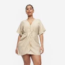 Linen Mix V Neck Dress Beige