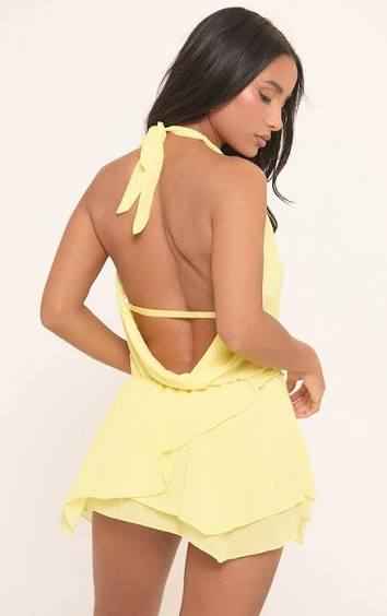 Ego - Cowl Halterneck Frill Detail Mini Dress In Yellow