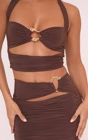 Ego - Halterneck Cut Out Trim Detail Crop Top In Brown