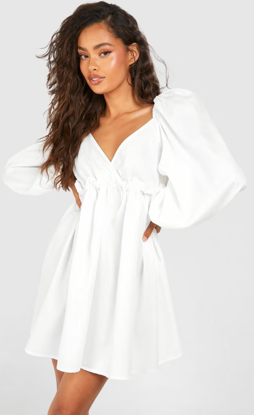 Boohoo - Puff Sleeve Plunge Smock Dress - white
