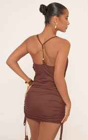 Ego - Cowl Front Beaded Strap Ruched Mini Dress In Brown