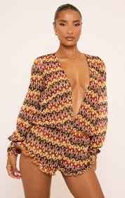 Ego - Long Sleeve Plunge Neck Frilled Hem Playsuit In Multi Print Crochet