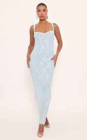 Ego - Sweetheart Neck Seam Detail Corseted Maxi Dress In Blue Floral Lace