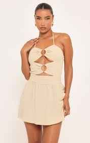 Ego - Halterneck Ring Detail Cut Out Mini Dress In Stone Linen