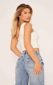 Ego - One Shoulder Knot Detail Top In White Slinky