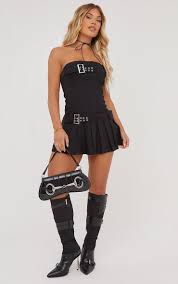 Ego - Bandeau Buckle Detail Pleated Mini Dress In Black Woven