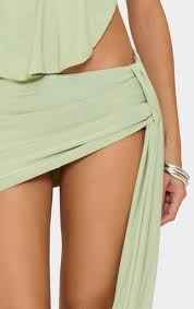 EGO - Extreme Cowl Halterneck Open Back Top And Drape Detail Micro Mini Skirt Co-Ord Set In Green Slinky SET