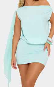 Ego - Off The Shoulder Drape Detail Mini Dress In Blue